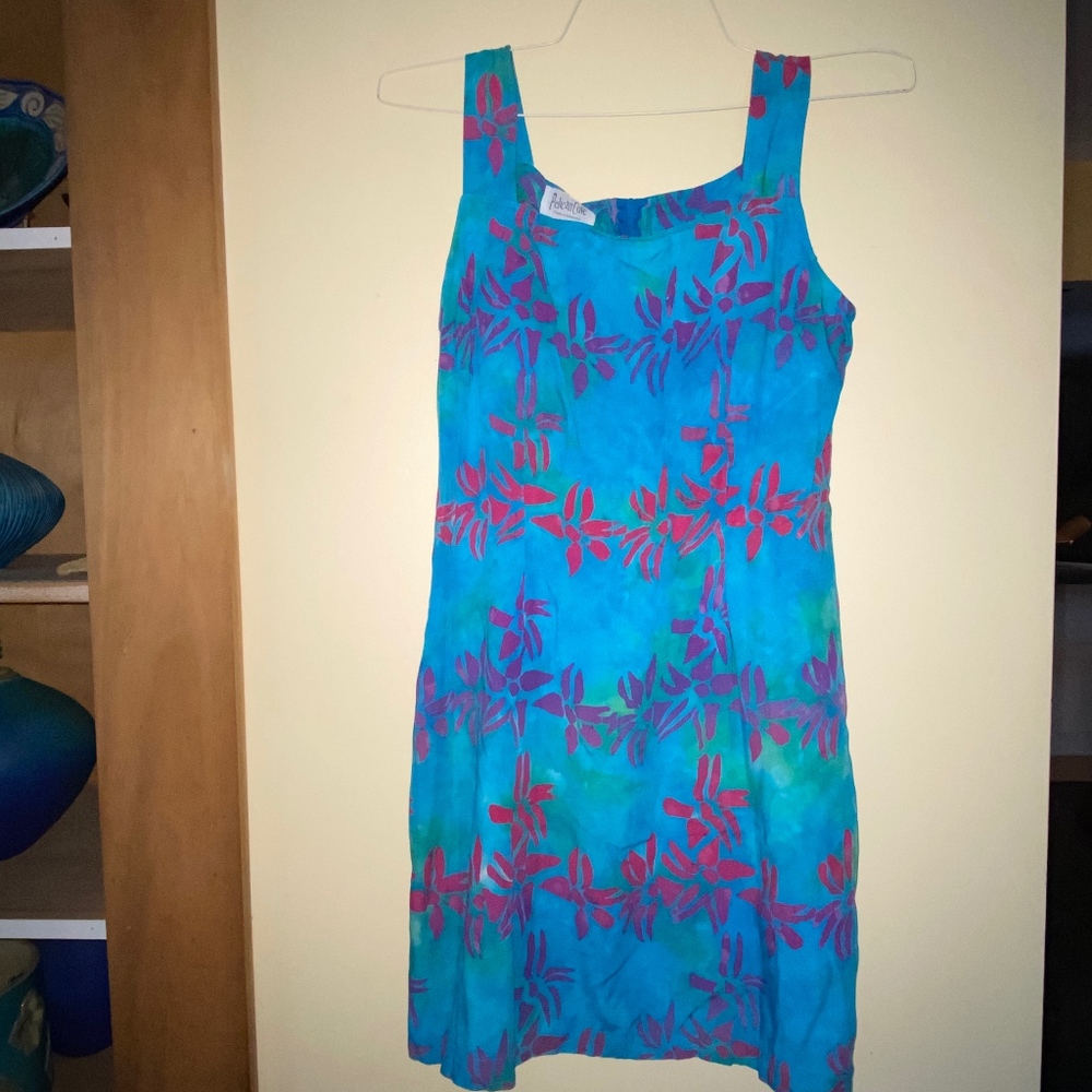 PELICAN COVE turquoise rayon print zip back dress